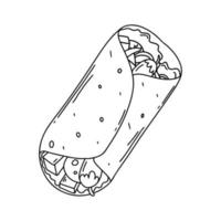 burrito em estilo doodle desenhado à mão. refeição tradicional mexicana. ilustração vetorial para menu, pôster, web. vetor