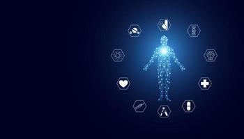 ícone humano e de saúde abstrato. médico, médico e tratamento. invenção médica moderna. em um fundo azul moderno vetor