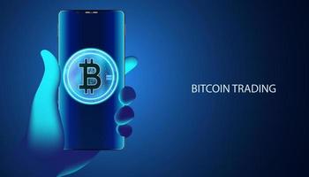 mão abstrata segurando telefone e bitcoin, conceito de negociação de criptomoeda, negociação de ações, sobre fundo azul moderno, futurista vetor