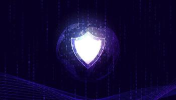 escudo de segurança cibernética abstrato e conceito binário do mundo digital anti roubo hack malware vírus spyware em fundo roxo lindo futurista vetor