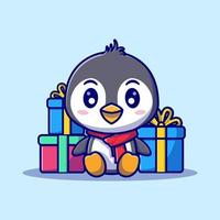 pinguim fofo e caixa de presente natal, para o ano novo e para ilustração de desenhos animados de natal. vetor