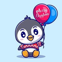 pinguim fofo segurando balões para o natal, para o ano novo e para ilustração de desenhos animados de natal. vetor