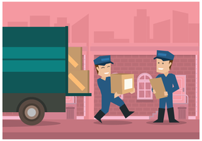 Movers with pink city background vector illustration