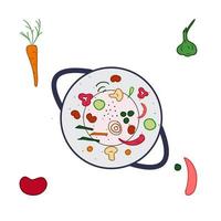 comida asiática. ilustração vetorial. wok na frigideira quente com pimentos, ervas, cogumelos e legumes vetor