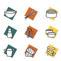 definir ícones wok para macarrão e sushi. comida asiática. ilustração vetorial. água-marinha amarelo-alaranjada vetor