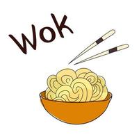 prato com macarrão e pauzinho. wok comida asiática. ilustração vetorial vetor