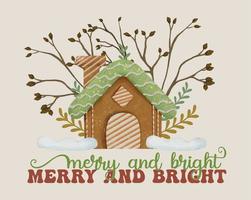 citações de saudação de cartão de natal com casa de pão de gengibre e folhas secas composição de neve alegre e banner de texto brilhante vetor