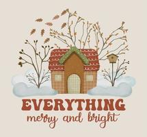 citações de cartão de natal com casa de gengibre, folhas secas e casa de pássaros no banner de composição de neve vetor
