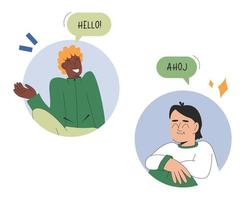 dois homens se comunicam em um idioma estrangeiro em um chat online. ilustração de estoque vetorial isolada em fundo branco vetor