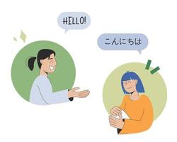homem e mulher se comunicam em uma língua estrangeira em um bate-papo online, ilustração vetorial isolada em fundo branco vetor
