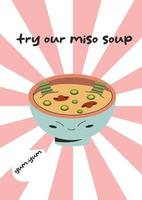 experimente nosso design de pôster de folheto de sopa de missô com comida coreana de sopa de cogumelos miso. ilustração em vetor estoque em fundo rosa branco. estilo simples