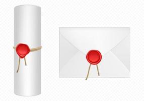 envelope branco e pergaminho com modelo de cera vermelha vetor