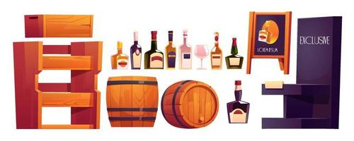 garrafas com álcool, prateleiras de madeira e barril vetor