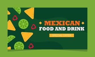 oferta de serviço de comida mexicana, página da web. banner de pouso com promoção, ilustração vetorial. restaurante mexicano. limão, nachos e pimentas no fundo verde vetor