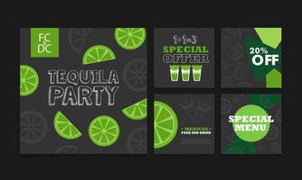 shots de tequila, oferta especial. coleção de banners quadrados para redes sociais. ilustração em vetor promocional. restaurante mexicano. cardápio especial