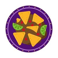 nachos e fajitos com fatias de tomate e pimenta, limão em um prato. ilustração para o menu em um fundo branco. comida mexicana tradicional. vetor