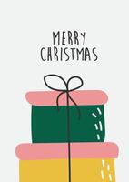 conjunto de caixas de presente e texto de feliz natal, estilo doodle desenhado à mão. ilustração vetorial para cartões, convites, cartazes vetor