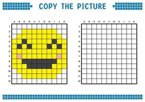 copie a imagem, complete a imagem da grade. planilhas educacionais desenhando com quadrados, colorindo áreas de células. atividades pré-escolares infantis. vetor de desenho animado, pixel art. ilustração de um rosto sorridente.