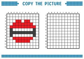 copie a imagem, complete a imagem da grade. planilhas educacionais desenhando com quadrados, colorindo áreas de células. atividades pré-escolares infantis. vetor de desenho animado, pixel art. ilustração de lábios e dentes.