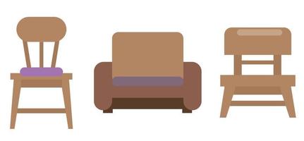 conjunto de cadeiras de madeira de desenho animado, móveis estofados, poltronas, móveis domésticos e externos vetor