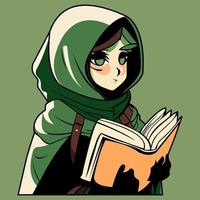 conjunto de mulher muçulmana ou árabe em hijab e segurando uma ilustração plana de vetor de livro. coleção de pessoa muçulmana estilosa, feminina em roupas da moda isoladas em branco. povo saudita em traje tradicional