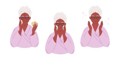 mulher negra sênior aplicando creme cosmético orgânico no rosto. cuidados com a pele facial, tratamento para rugas, olheiras. procedimentos de beleza, procedimentos anti idade vetor