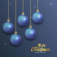 feliz natal banner azul escuro com bolas. cartão de Natal vetor