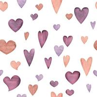 padrão perfeito desenhado à mão em aquarela de corações rosa, bege e roxo para o dia dos namorados. isolado no fundo branco. design para papel, amor, cartões comemorativos, têxtil, impressão, papel de parede, casamento vetor