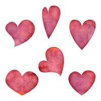 conjunto de objetos desenhados à mão em aquarela, corações vermelhos e rosa texturizados para o dia dos namorados. isolado no fundo branco. design para papel, amor, cartões comemorativos, têxtil, impressão, papel de parede, casamento vetor
