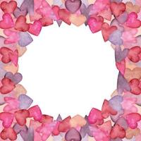 quadro de círculo desenhado à mão em aquarela de corações vermelhos, roxos, rosa e escarlates para o dia dos namorados. isolado no fundo branco. design para papel, cartões de amor e felicitações, têxtil, impressão, casamento vetor