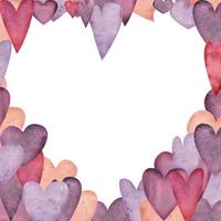 moldura em forma de coração desenhada à mão em aquarela de corações vermelhos, roxos, rosa e escarlates para o dia dos namorados. isolado no fundo branco. design para papel, cartões de amor e felicitações, têxtil, impressão, casamento vetor