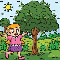 menina feliz do dia da terra em um desenho animado colorido de árvore vetor