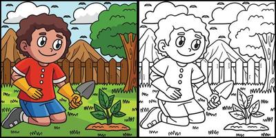 menino do dia da terra plantando ilustração de página para colorir vetor