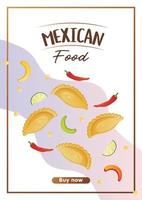 flyer dinâmico a4 com patty de empanadas de comida mexicana com carne picada, pimenta, milho. comida saudável de banner, culinária, menu, conceito de comida.