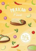 panfleto de comida mexicana a4 com tacos, burritos, tamales, quesadilla, empanadas, elotes e nachos. comida saudável de banner, culinária, menu, conceito de comida. vetor