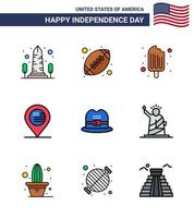 feliz dia da independência 9 pacotes de ícones de linhas planas preenchidas para web e mapa de chapéu de impressão localização de bola americana sorvete editável dia dos eua elementos de design vetorial vetor