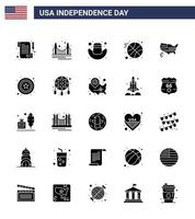 pacote de glifo sólido de 25 símbolos do dia da independência dos eua do mapa dos eua bola americana americana editável elementos de design do vetor do dia dos eua