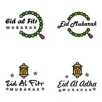 pacote de 4 vetores de texto de caligrafia árabe com lua e estrelas de eid mubarak para a celebração do festival da comunidade muçulmana