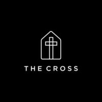 design de ícone do logotipo da linha mínima da igreja. logotipo de linha muito simples da casa com o símbolo da cruz sagrada. vetor