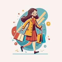 mulher elegante compras carregando sacolas. conceito de vício em compras, ilustração de estilo plano vetorial viciado em compras vetor