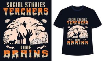 incrível design de camiseta de halloween professor de estudos sociais amor cérebros vetor