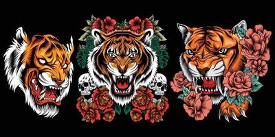 coleção de ilustração de cabeça de tigre com rosas ao redor vetor