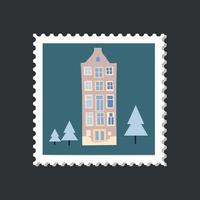 arquitetura de inverno Amsterdã aconchegante e bonito selo postal de casa em um fundo azul. vetor