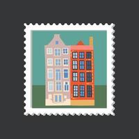 Amsterdã aconchegante e bonito selo postal da casa no fundo azul. vetor