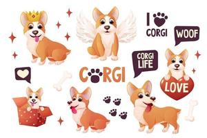 definir adesivos de cachorro corgi com coroa, asas, sentado, animal de estimação adorável, atividades em estilo cartoon isolado no fundo branco. personagem emocional cômico, pose engraçada. ilustração vetorial vetor