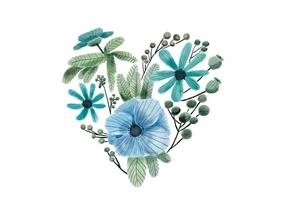 Flores e folhas verdes e azuis do coração da aguarela vetor
