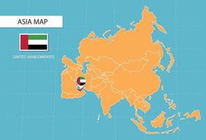 Mapa dos Emirados Árabes Unidos na Ásia, ícones mostrando bandeiras e localização dos Emirados Árabes Unidos. vetor