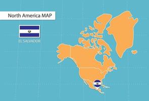 mapa de el salvador na américa, ícones mostrando bandeiras e localização de el salvador. vetor