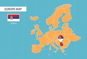 Mapa da Sérvia na Europa, ícones mostrando bandeiras e localização da Sérvia. vetor