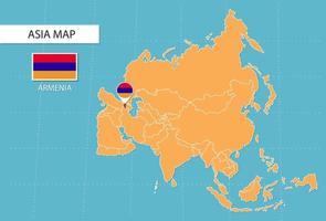 Mapa da Armênia na Ásia, ícones mostrando bandeiras e localização da Armênia. vetor